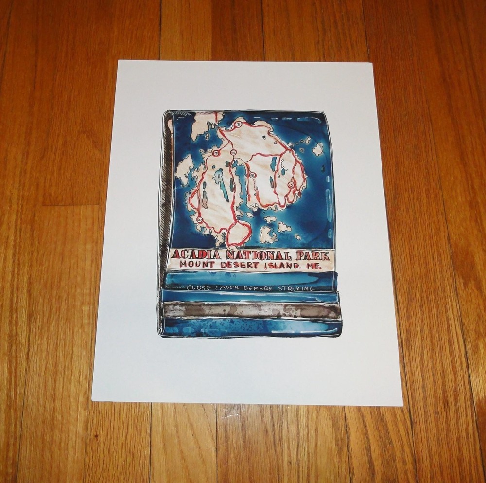 Vintage Acadia National Park Map Watercolor Matchbook Print 11