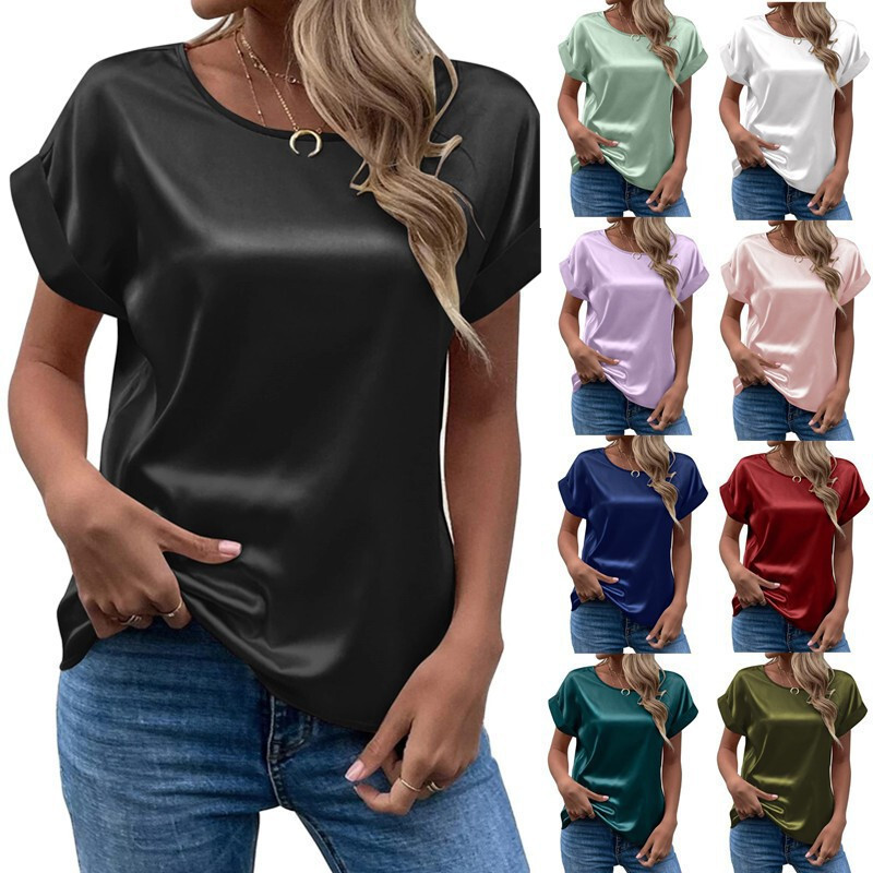 Women's Casual Satin Silk Tunic Top Loose Blouse Tee  