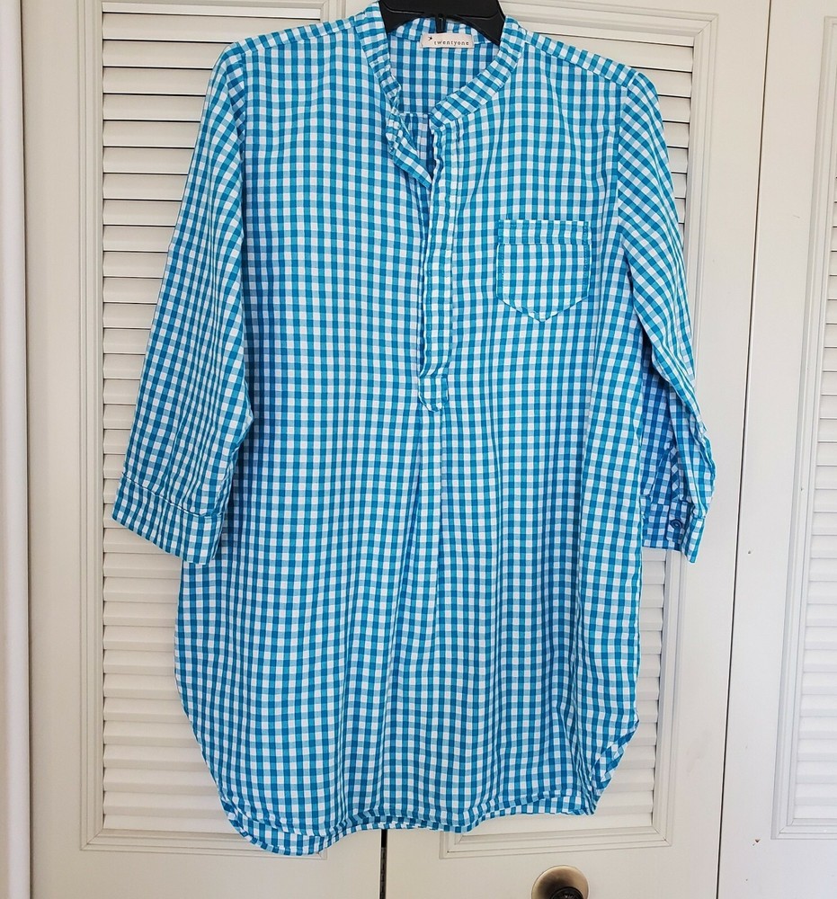 Women's TwentyOne 3/4 Button Front Blouse Oversized top, Blue Check, 3/4 Sleev M