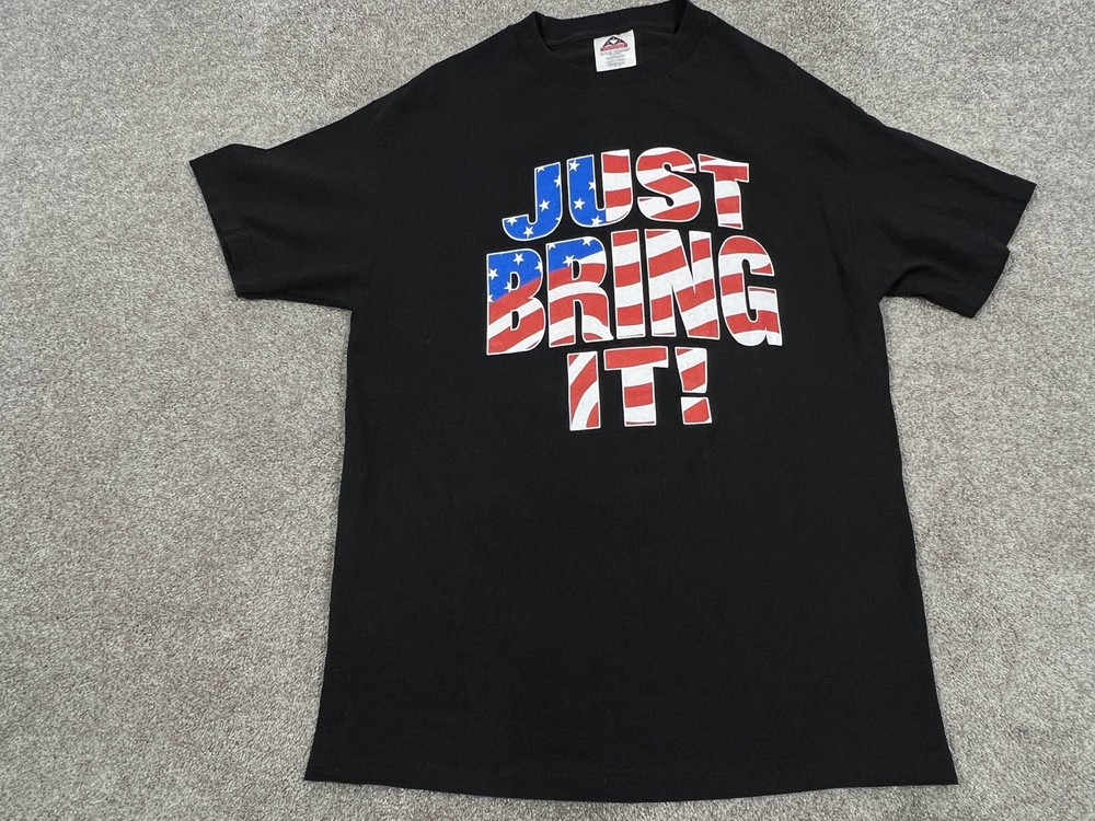 VINTAGE The Rock Shirt Mens Large Black Just Bring It USA Flag Graphic WWF 2000s