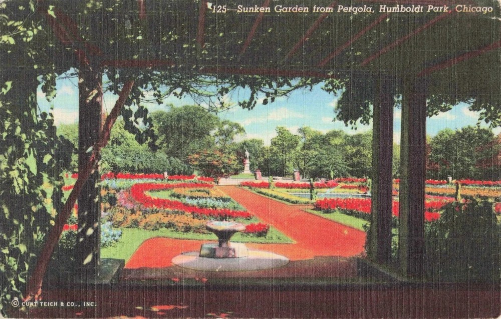 Sunken Garden from Pergola - Humboldt Park - Chicago Illinois IL - Postcard