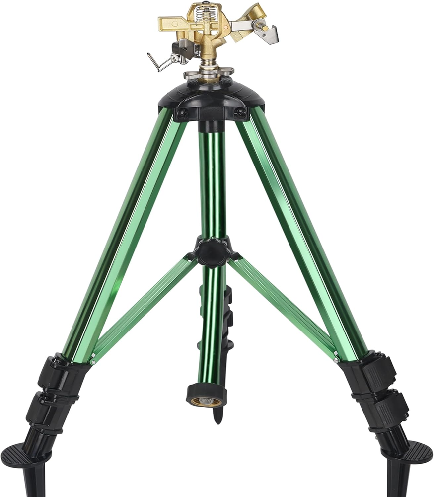 Impact Sprinkler on Tripod Base, 360° Adjustable Brass Sprinkler Head with Stake