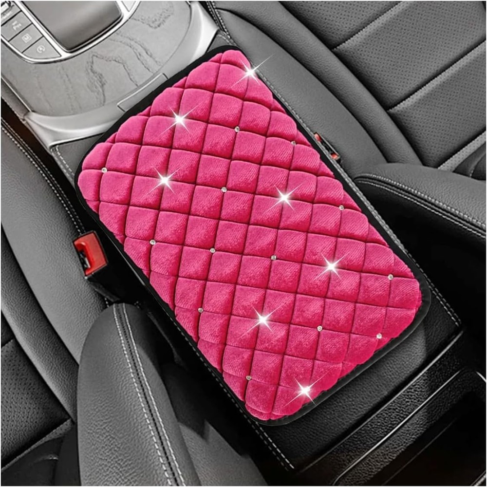Soft Fluffy Car Center Console Cover with Crystal Rhinestones, Color: Rose Red