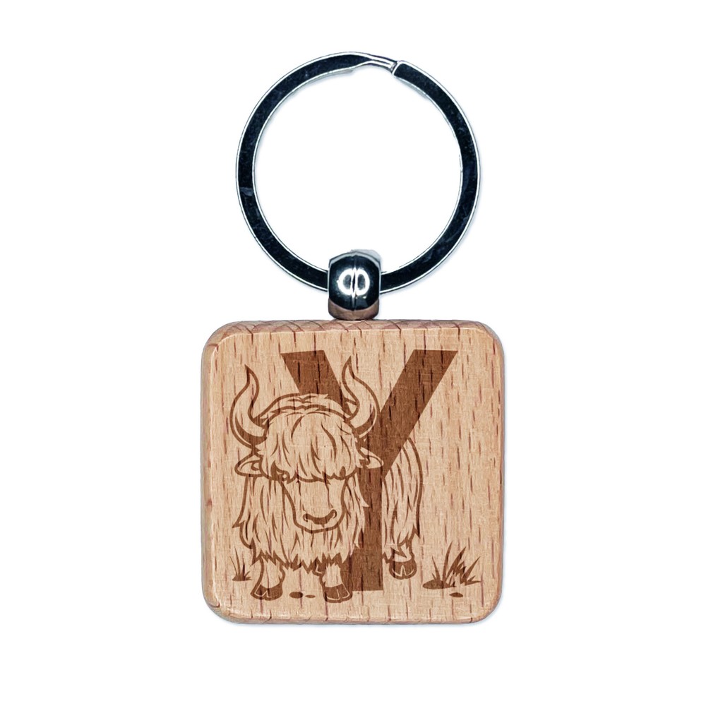Animal Alphabet Letter Y for Yak Engraved Wood Square Keychain Tag Charm