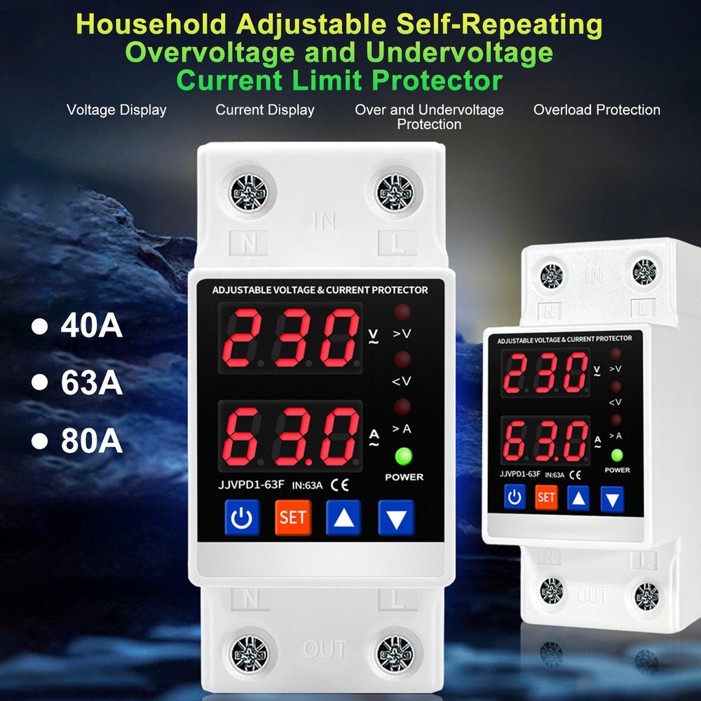 1-Dual Display 40A Din Rail Adjustable Digital Over Under Voltage Relay BVAE