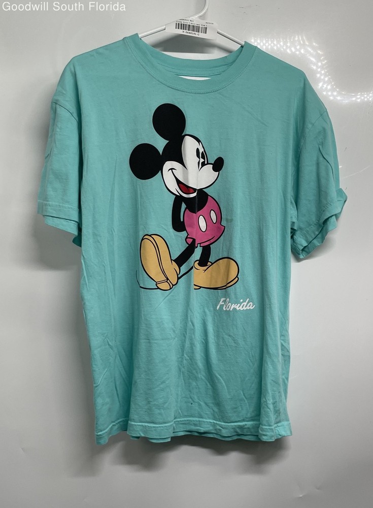 Disney Womens Aqua Mickey Mouse Short Sleeve Pullover T-Shirt Size Large