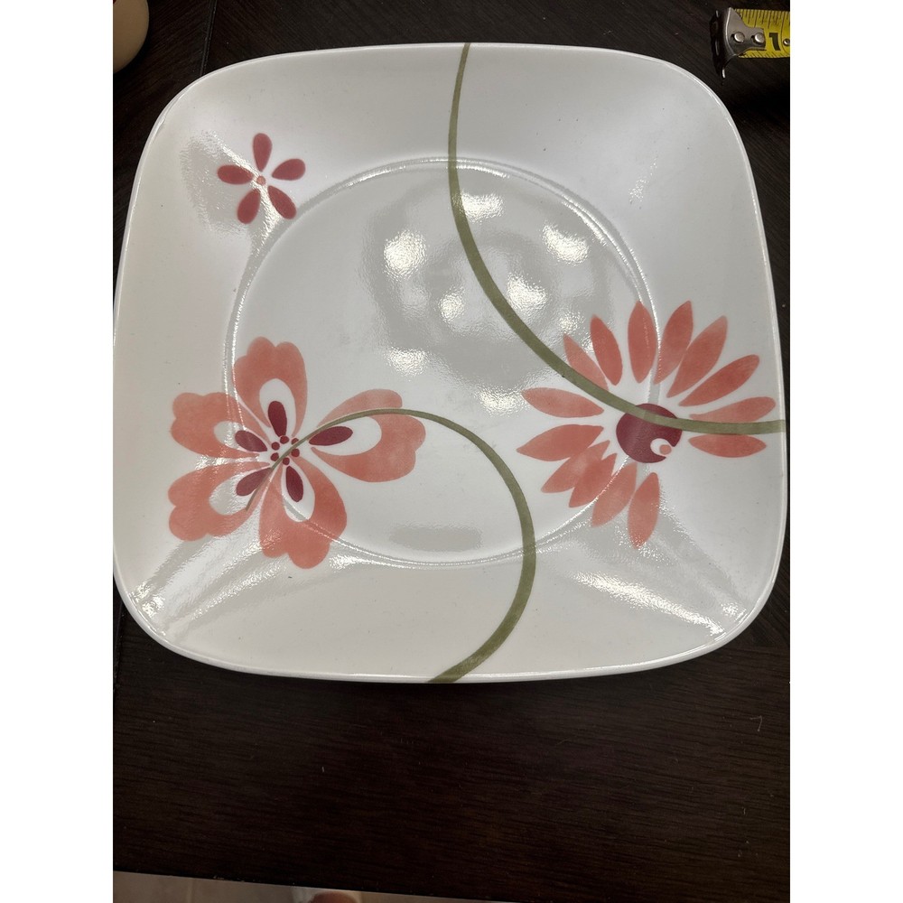 Corelle Kyoto Night Square Dinner Plate 10.5 Pink Floral Vitrelle Glass USA