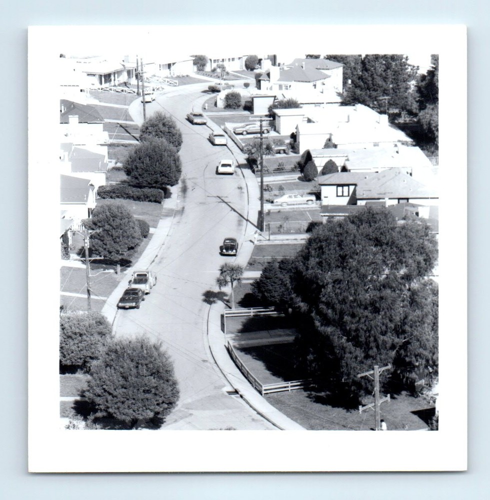 Old Vintage Square Photo CURVED SUBURBAN STREET SCENE HOUSES CARS SNAPSHOT