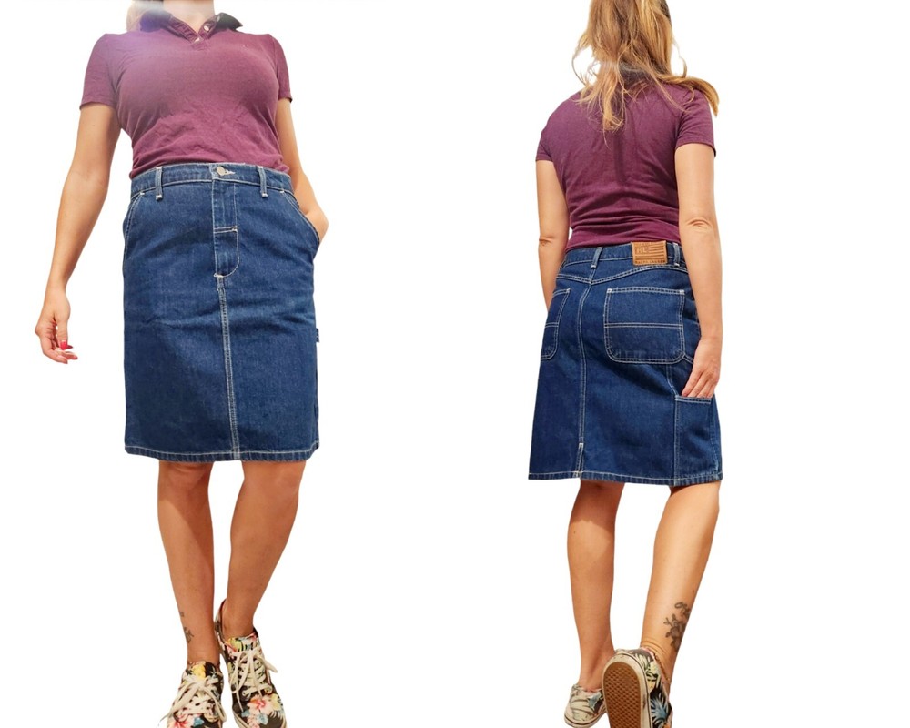 Polo Jeans Ralph Lauren Carpenter Skirt Sz 8 Blue Cotton Y2k Pockets Denim Logo