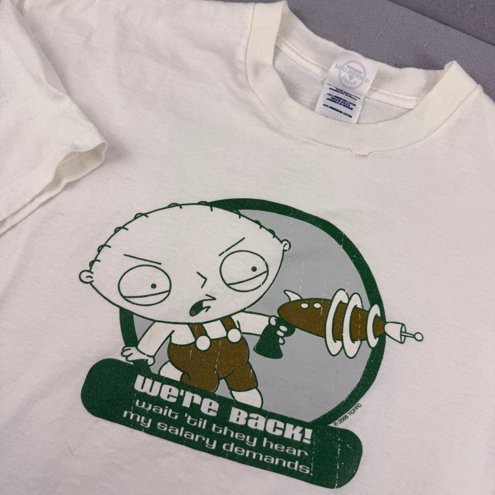 Vintage 2005 Family Guy Stewie We're Back Laser Gun Promo Shirt Delta XL White