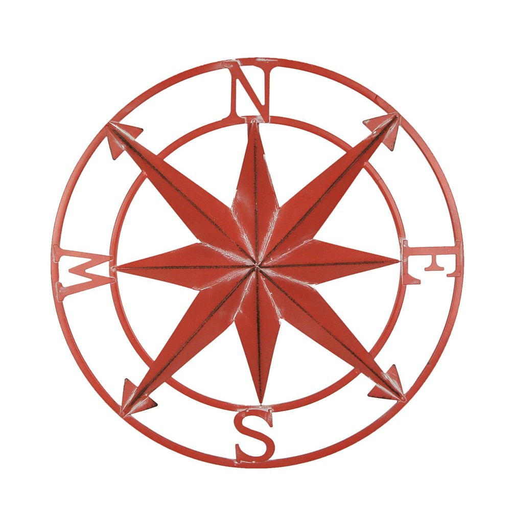 20 Inch Distressed Metal Nautical Compass Rose Wall Art for Indoor and Outdoor Spaces in Coral