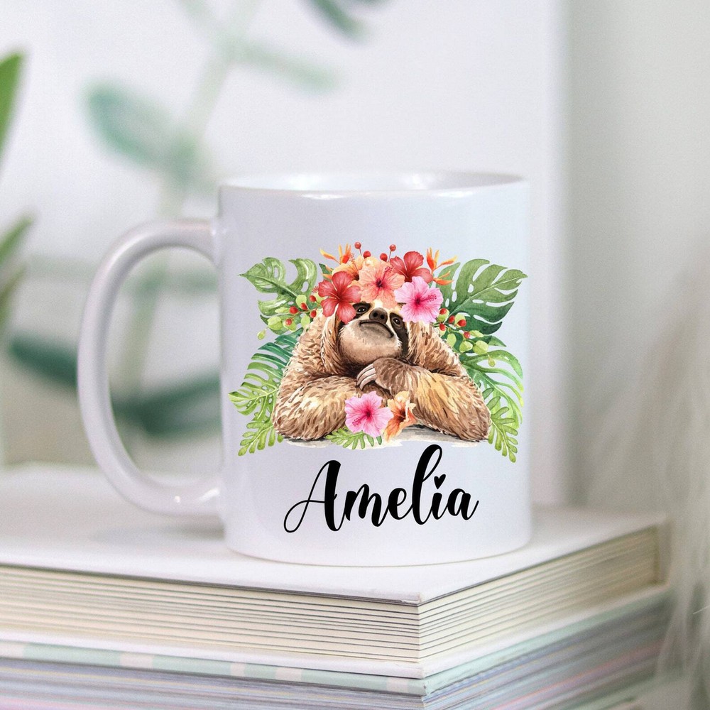 Personalized Name Mug Floral Sloth Mug Cute Sloth Coffee Cup Appreciation Gift