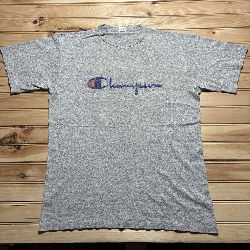 Vintage 80s Champion Script Spellout Big Logo Grey Shirt Size 2XL Single Stitch
