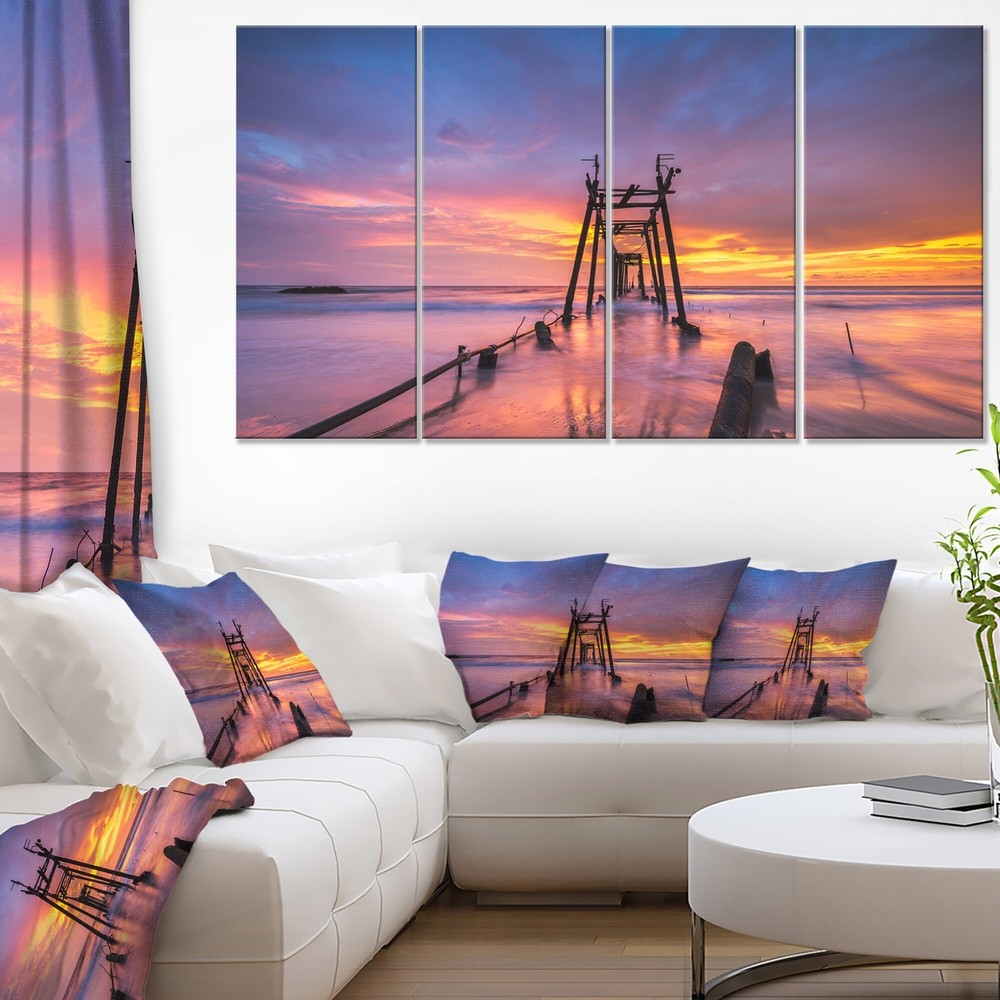 Broken Wooden Bridge at Sunset - Sea Pier and Bridge Wall  Oversized