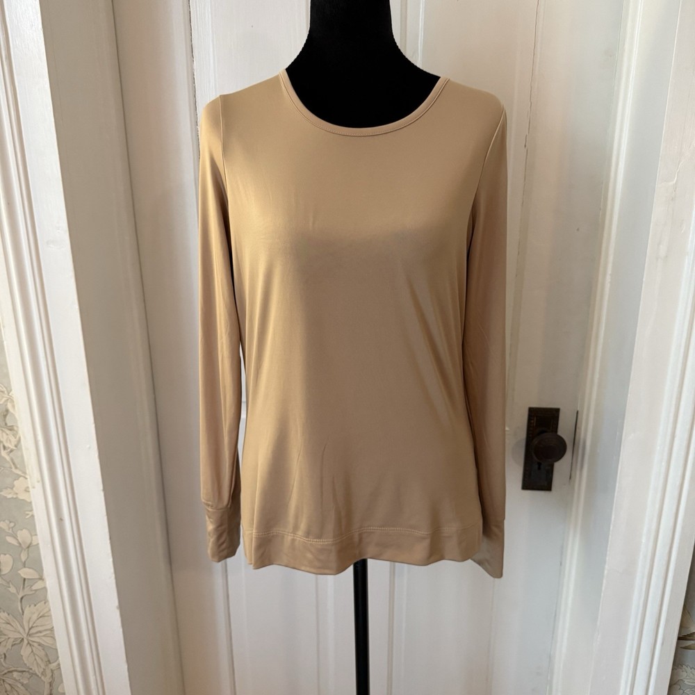 Lands' End Beige Solid Round Neck Knit Top Long Sleeve Stretch Women's S