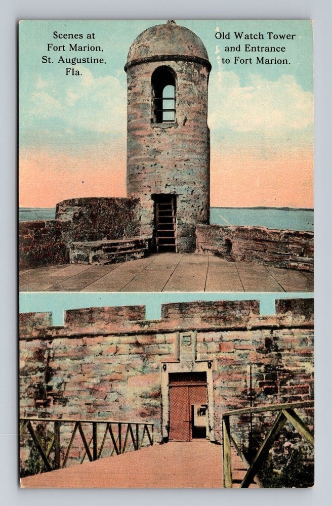 Florida FL St Augustine Scenes At Fort Marion Watch Tower Vintage Postcard