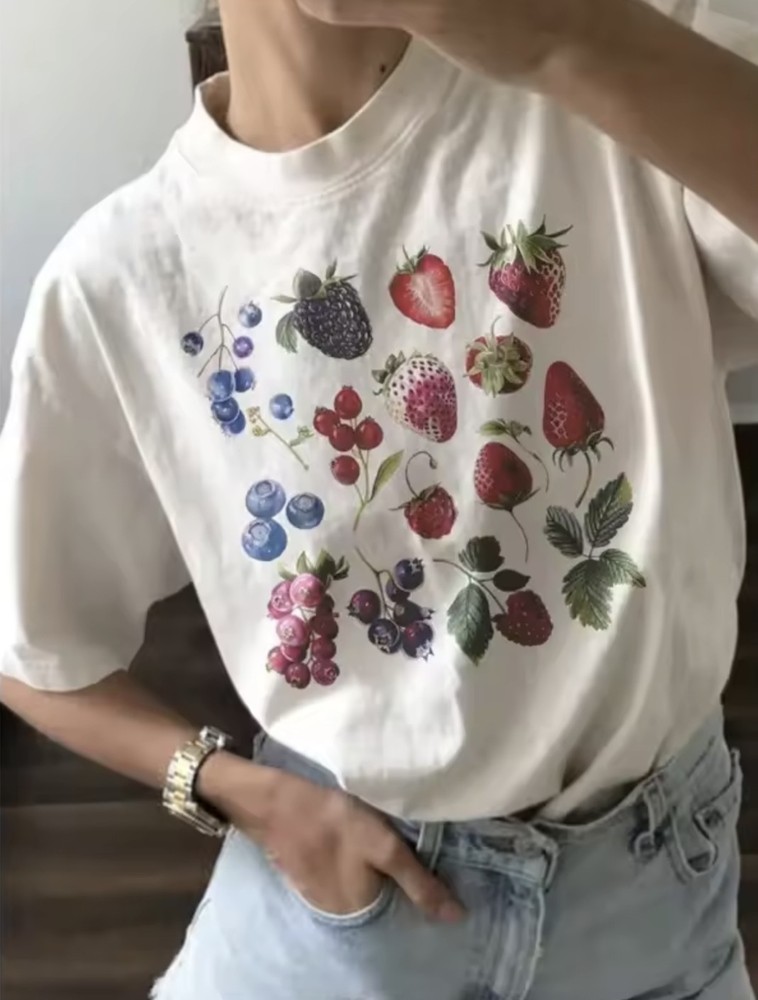 Women's Aesthetic Fruit Berry Species Graphic T-Shirt Cotton Cute Fruit Tee