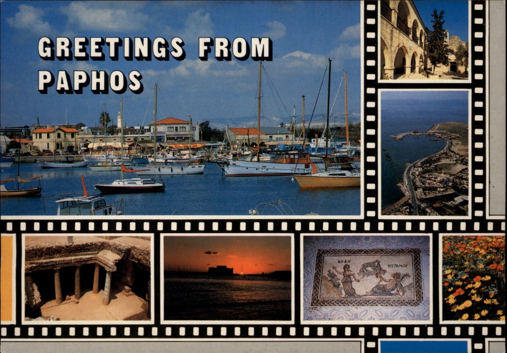 Greetings From Paphos Cyprus Harbor vintage postcard e480