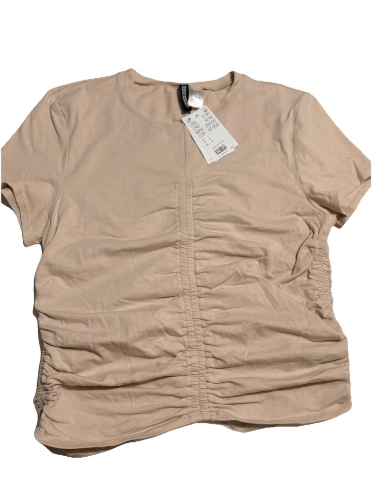 NWT-Women's Tan Short Sleeve V Neck Tshirt Sz L Front,side,back Cinch By Divided