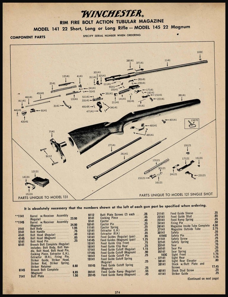 1964 WINCHESTER 141 & 145  Rifle Schematic parts  list