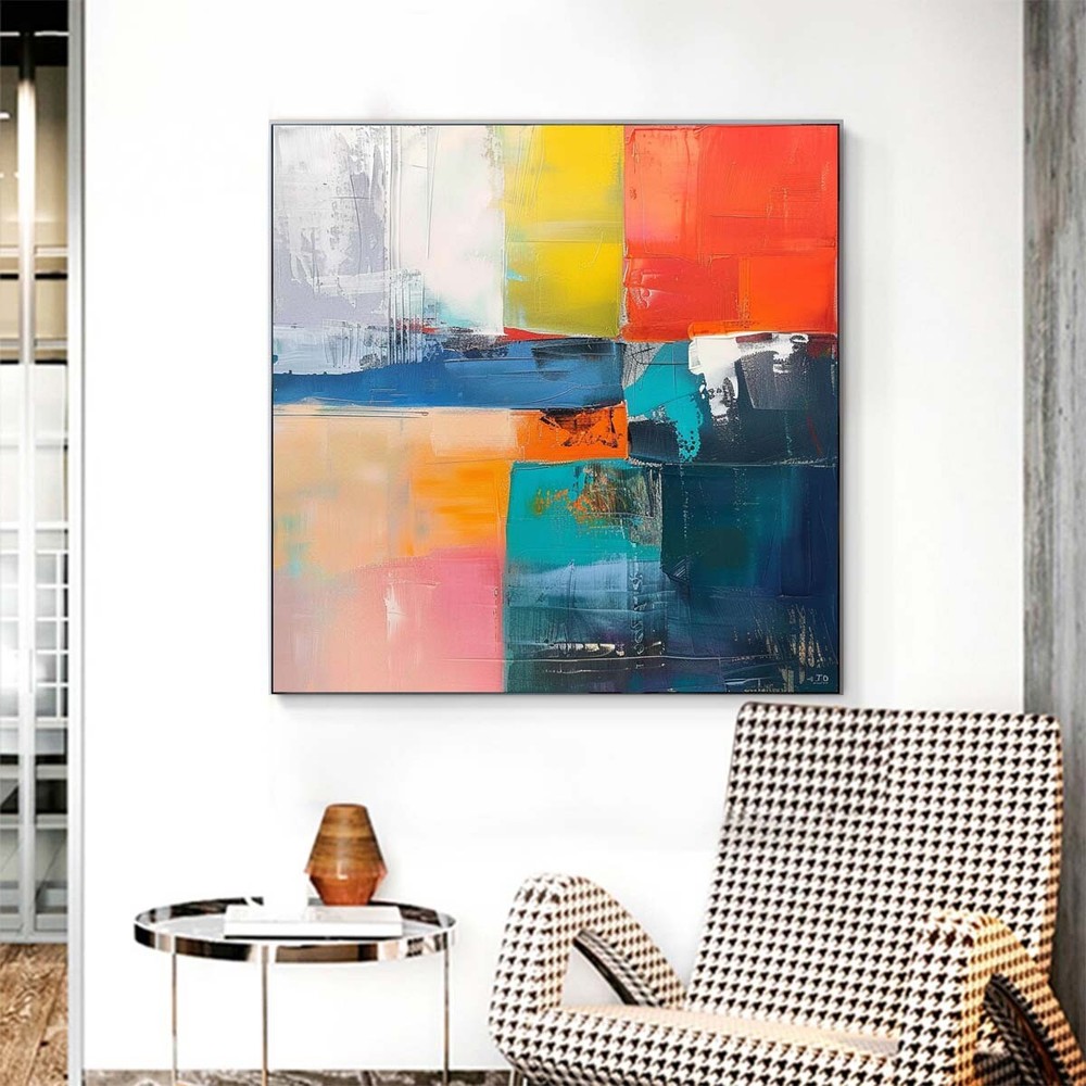 Blue Pink Abstract Oil Painting Thick Textured Hand Painted On Canvas Wall Art