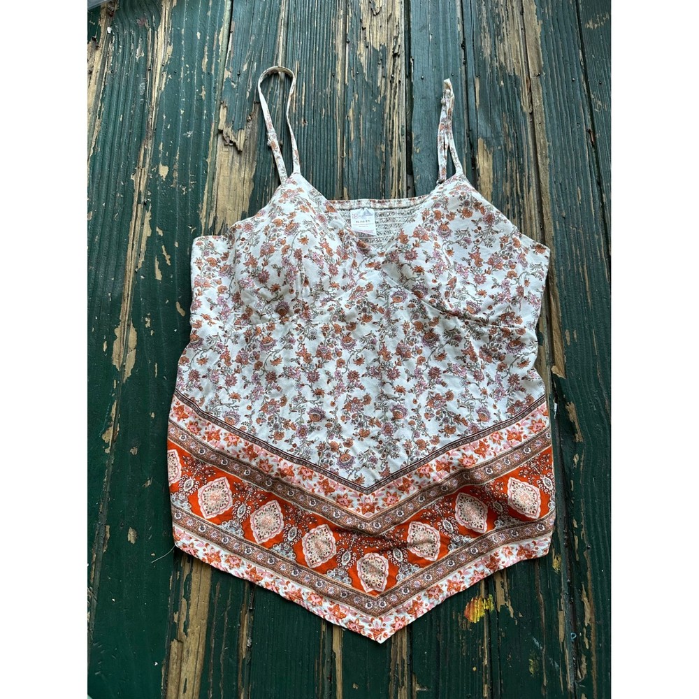 No Boundaries Floral Handkerchief Hem Cami Top Orange Boho Festival XL 15-17