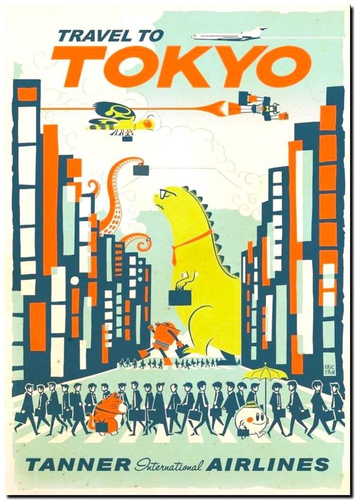 Cool Retro Travel Poster *FRAMED* CANVAS ART ~Tokyo Godzilla Japan 16