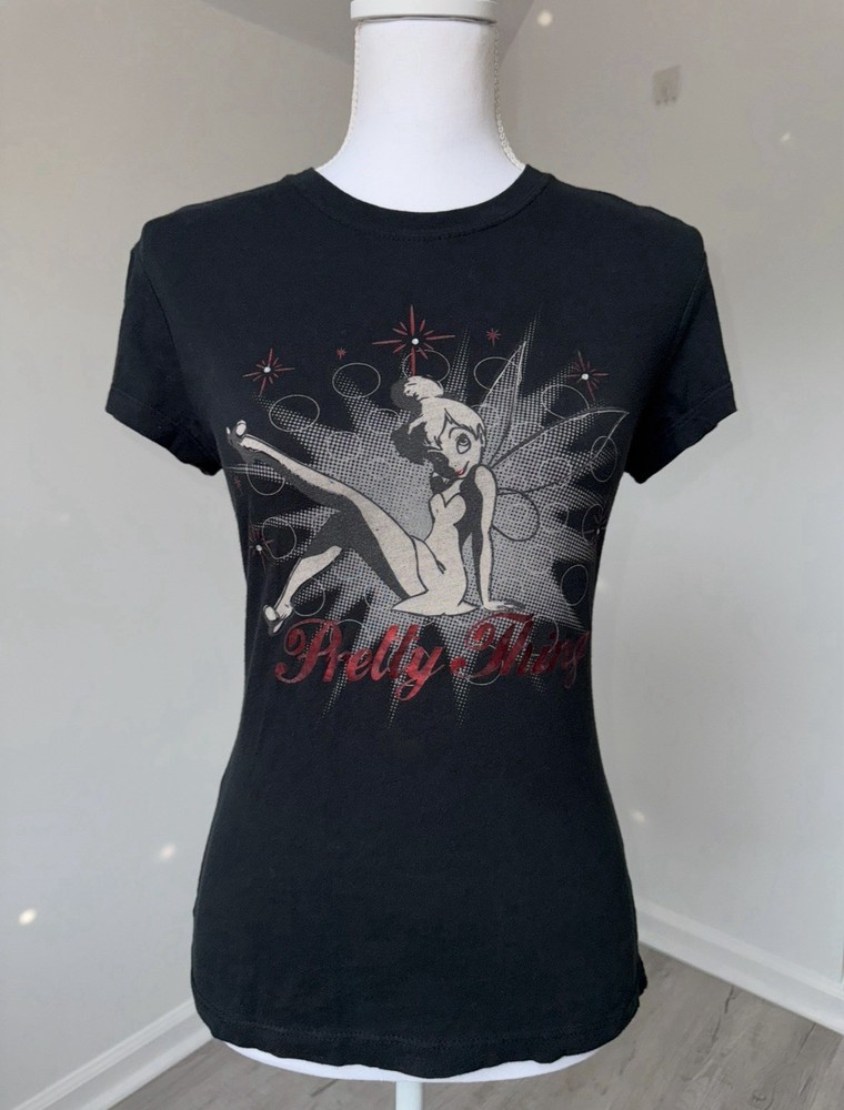 Y2K Disney Tinker Bell Pretty Thing Graphic Tee Black Junior L 2000s Fairy Goth
