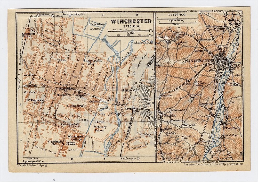 1927 Original Vintage City Map Of Winchester / Cathedral / Hampshire / England