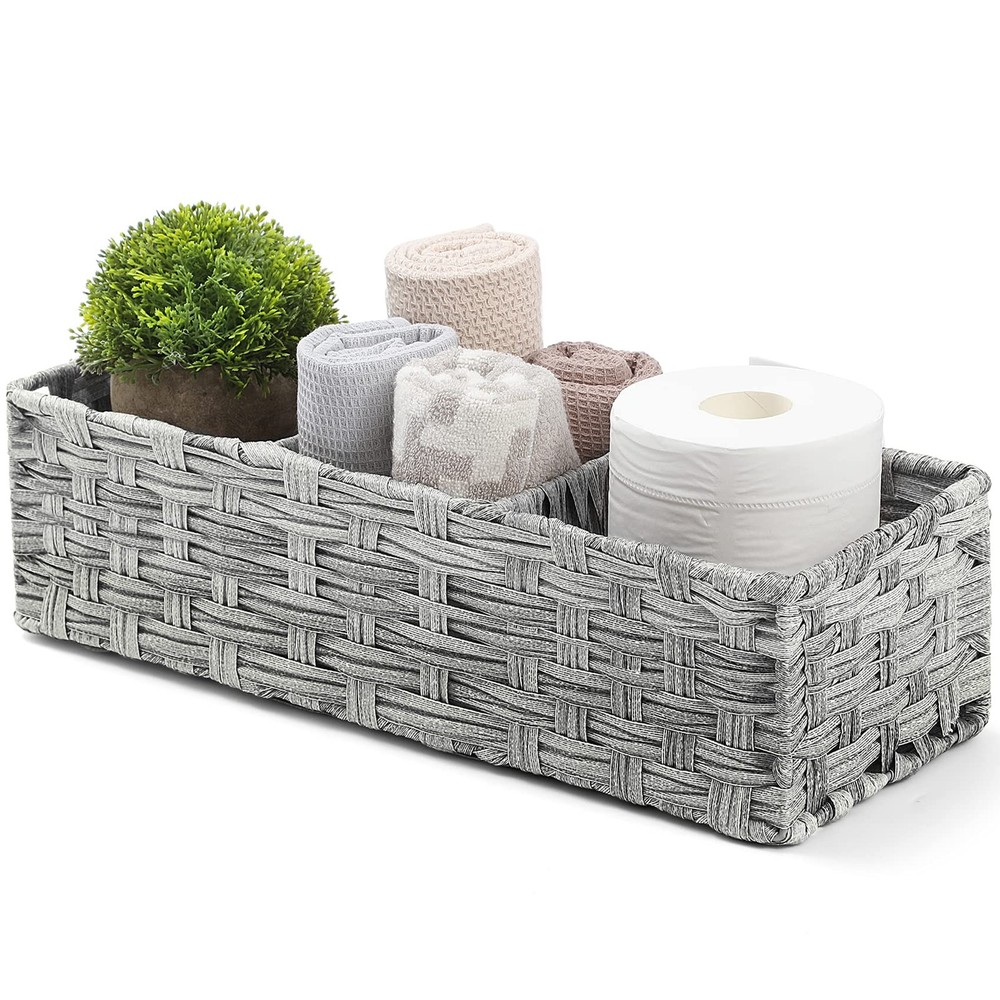 Toilet Tank Topper Paper Basket Hand Woven Plastic Wicker Gray Wash Larger Decor