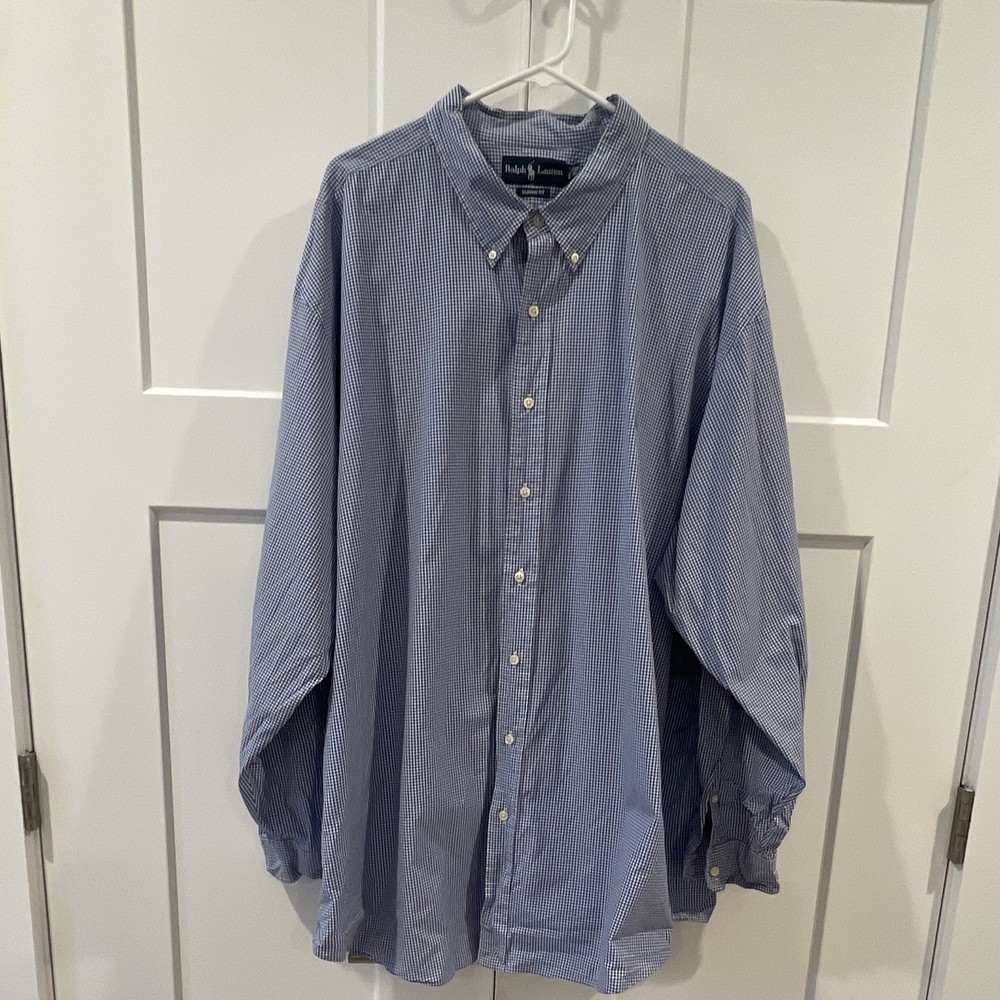 Ralph Lauren Men's 3XB Classic Fit Blue White Check Cotton Polo Pony Shirt