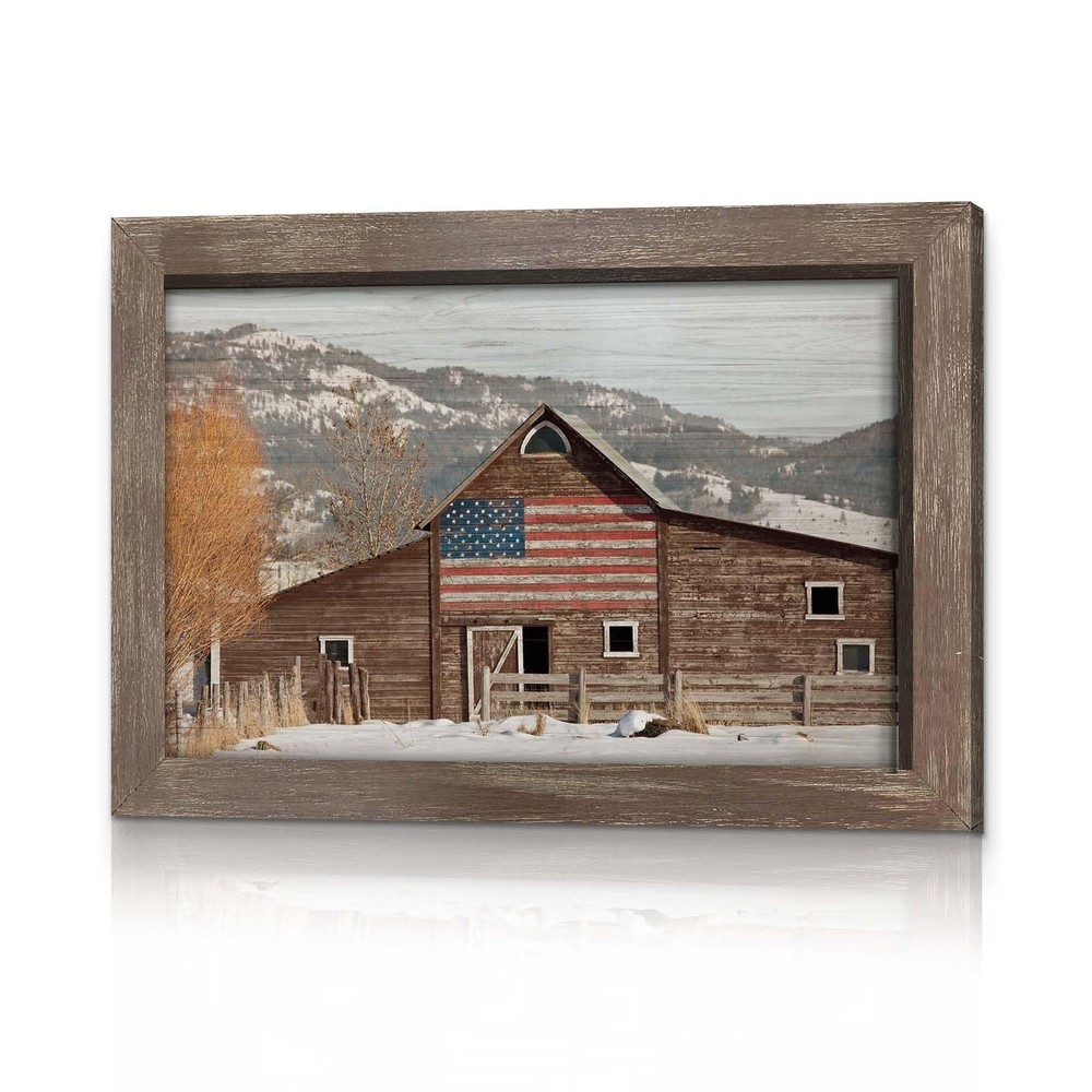 Vintage Winter Barn Wall Art - Rustic Farmhouse with American Flag Picture Fr...