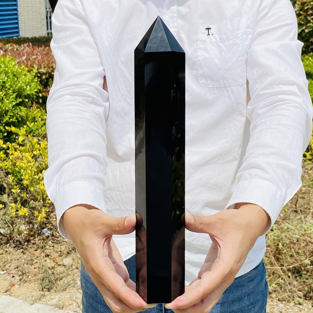 8.55LB Natural Black Obelisk Crystal Healing Wand Point Column