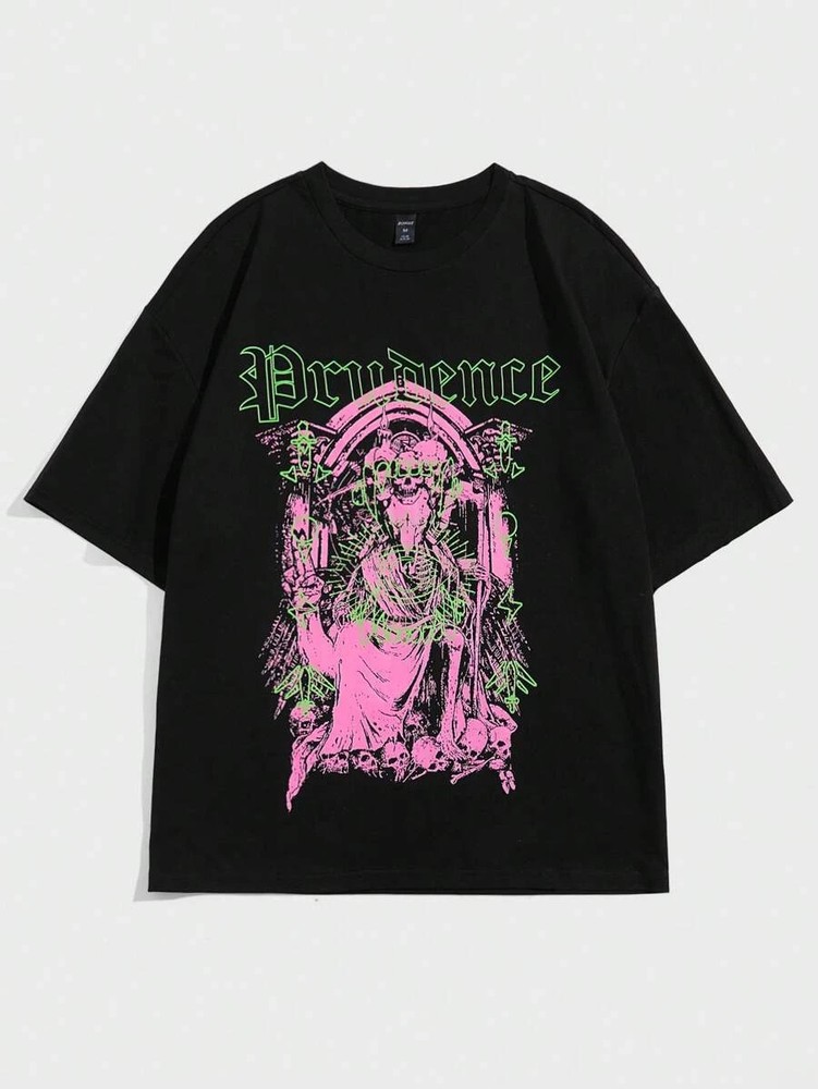 Guys Skeleton Graphic T-Shirt – Letter Print Casual Streetwear Tee, Edgy Gothic