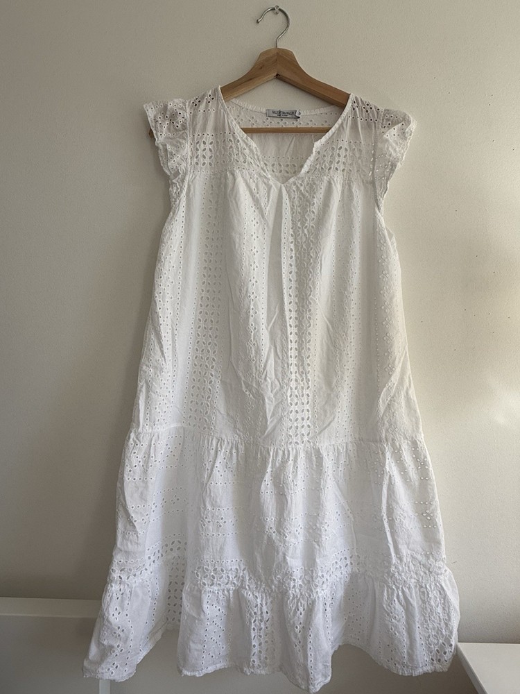 ✿ Valentina Naldi White Eyelet Cotton Dress M Made in Italy Boho Summer Midi