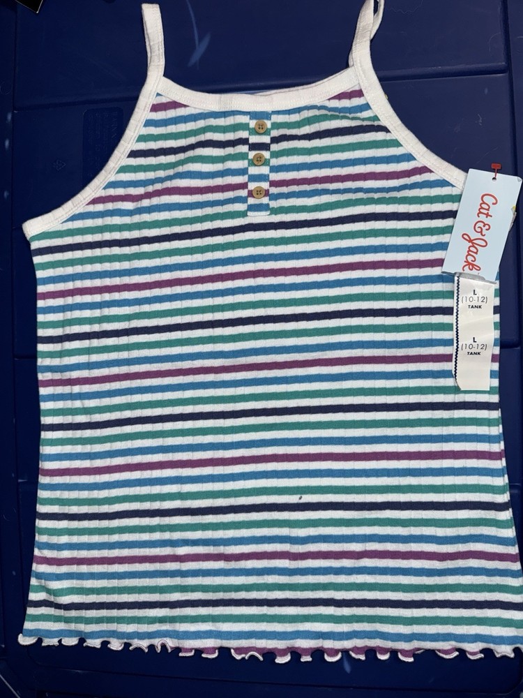 Cat & Jack Girls Size L 10/12 Sleeveless Tank Top Striped Green Blue White