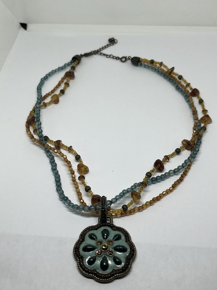 Vintage MultiStrand Acrylic Beaded Enameled Goldtone Round Pendant Bib Necklace
