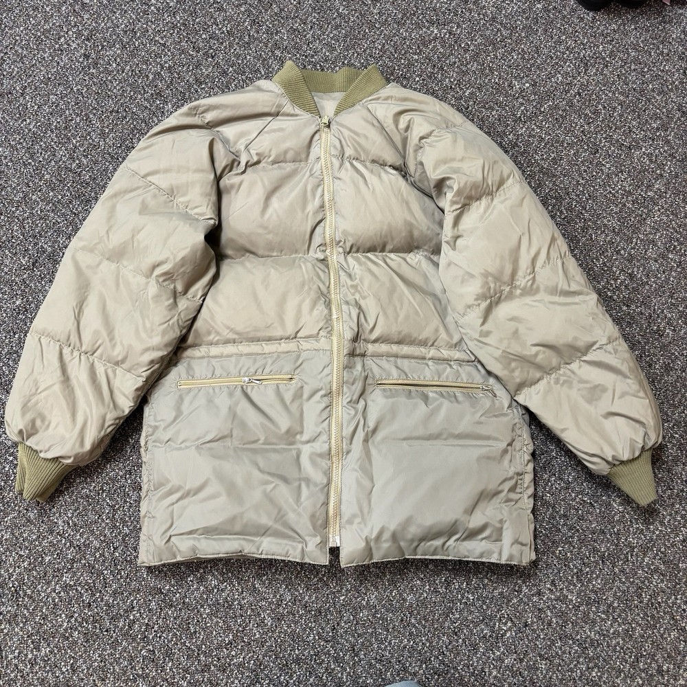 Vintage 1980s Goose Down Puffer Jacket Tan Zip Up Multi Pocket Weather Large