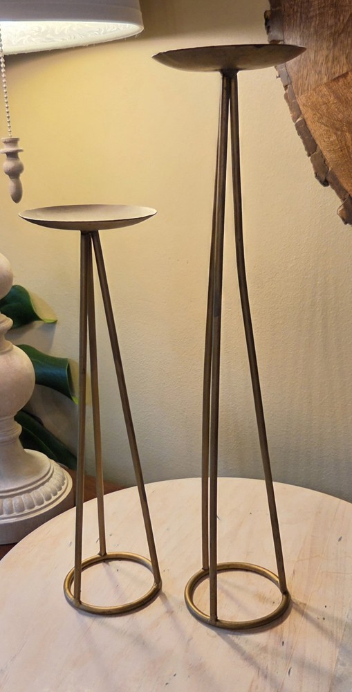 Set of 2 Vtg Tall Candle Holders Gold-painted Mid Century Modern Atomic Style