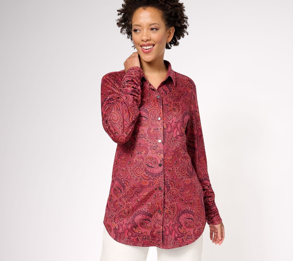 Susan Graver Women's Top Petite PM Printed Faux Suede Knit Red A642989