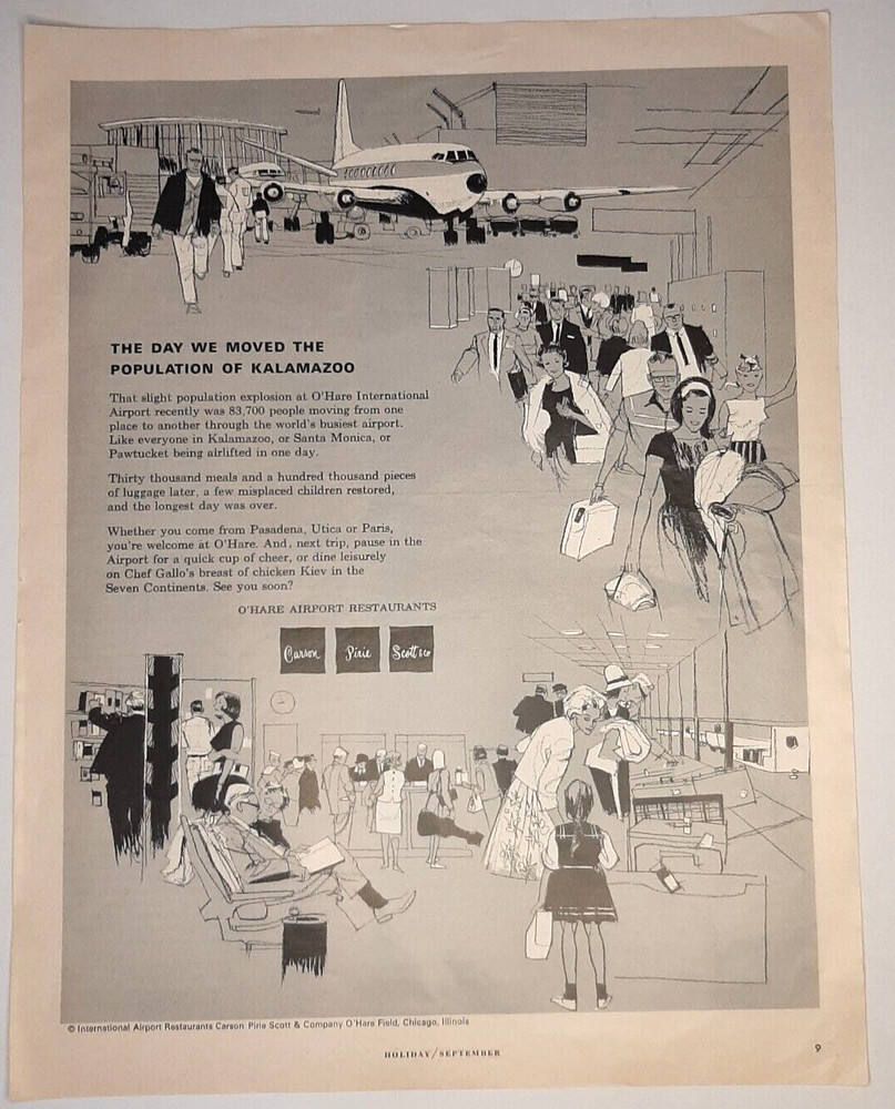 1965 O'hare Airport Vintage Print Ad Chicago Jet Plane Travel Vacation Kalamazoo