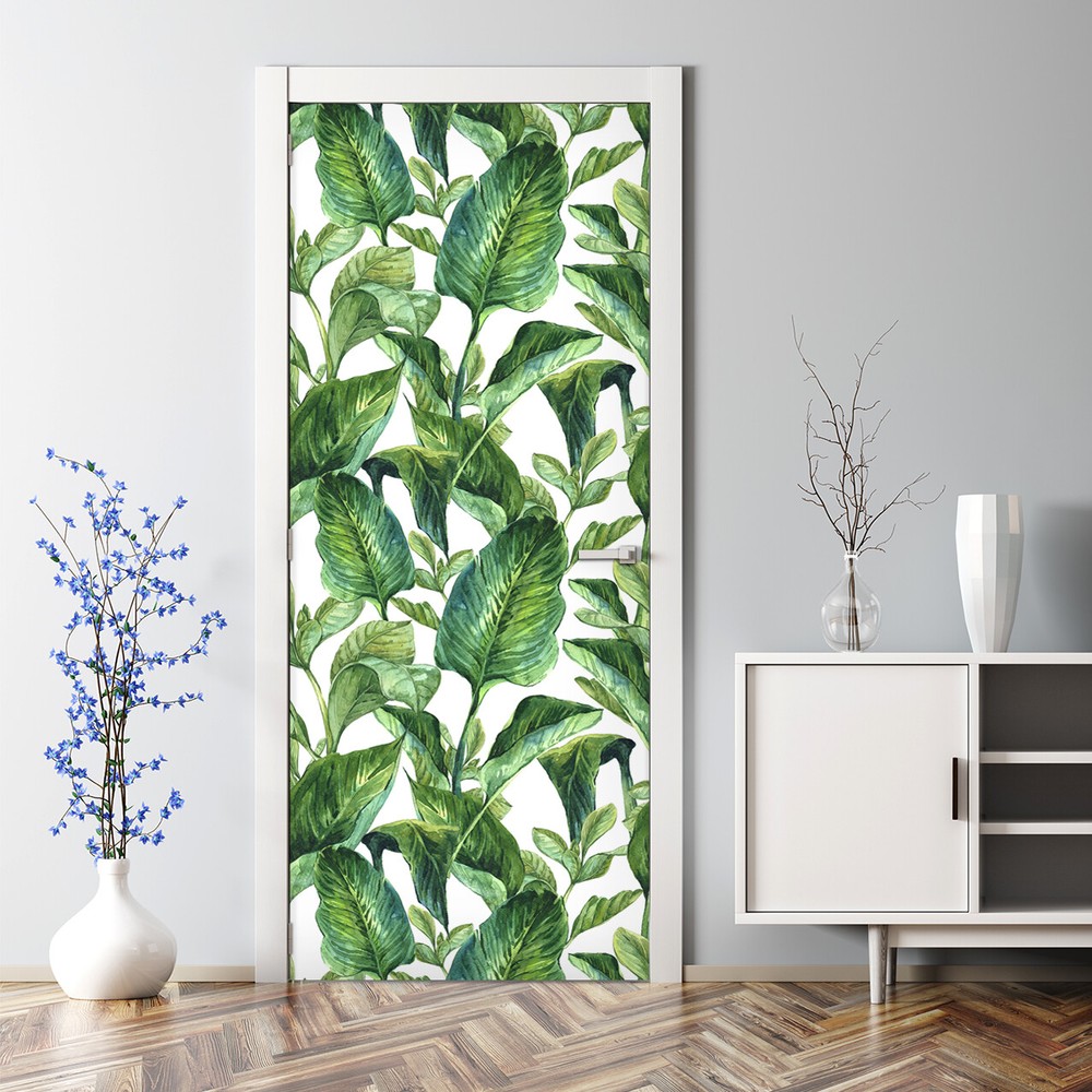 Green Banana Leaves Exotic Self Adhesive Modern Tropical Door Decal Door Decal