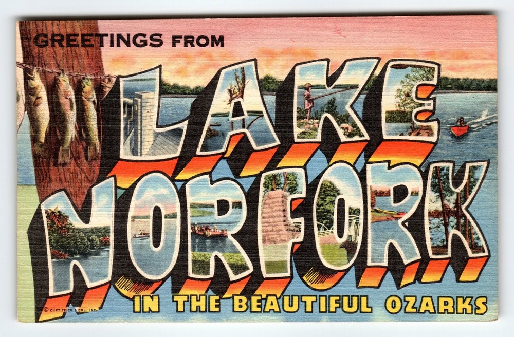 Vintage Greetings from Lake Norfork Arkansas-Missouri Ozarks Letter Postcard