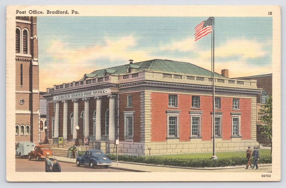 Bradford Pennsylvania~US Post Office~Cars in Street~Linen Postcard