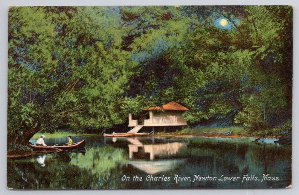 Newton Lower Falls MA Charles River Boathouse Canoe Moonlight Postcard c1910