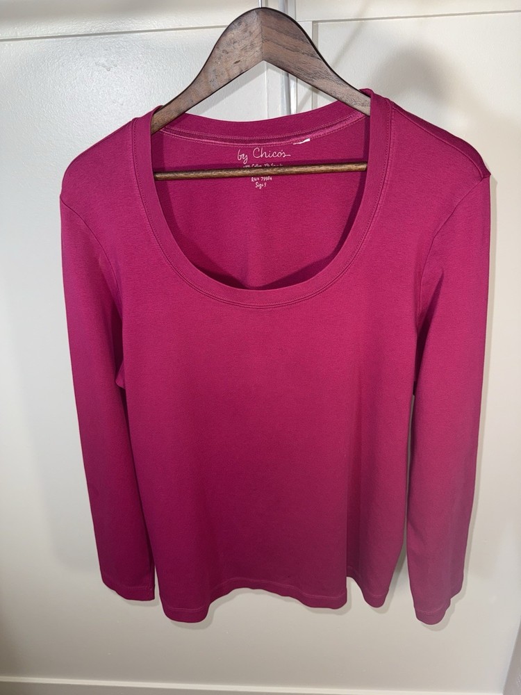 Chicos Womens Size 3 Magenta Scoop Neck Long Sleeve Top Cotton XL