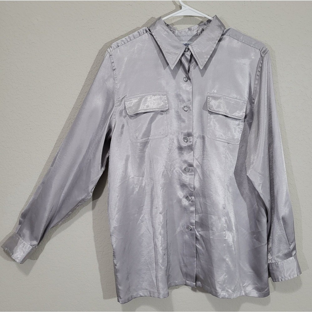 Vintage Blouse Marsh Landing Women L Silver Satin Long Sleeve Button Down Party