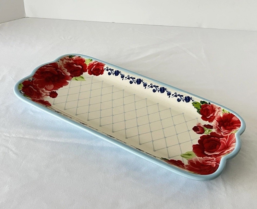 Pioneer Woman Frontier Rose Narrow Platter Tray 14x6.5” Floral Blue Stoneware
