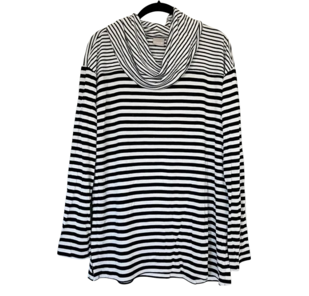 CHICO'S ZENERGY Black/White Stripe JERSEY TUNIC TOP Cowl Neck Side Slits M/1
