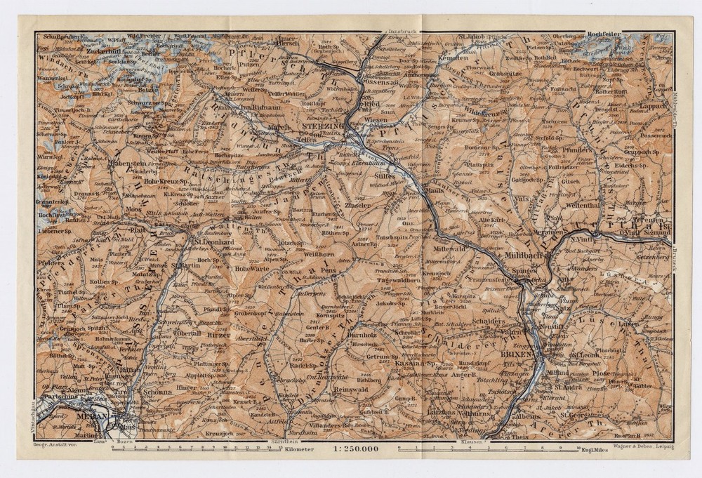 1910 Antique Map Of Vicinity Of Brixen Bressanone Merano Sterzing Italy Austria